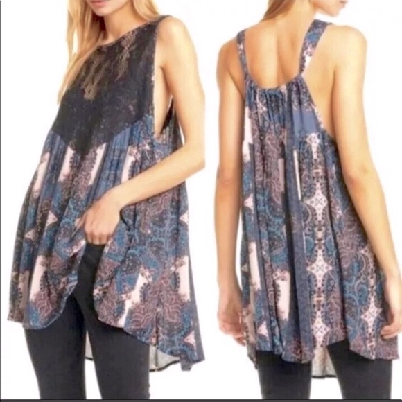 Free People Pink/Teal High-Low Lace Front Top NWT - Picture 4 of 5